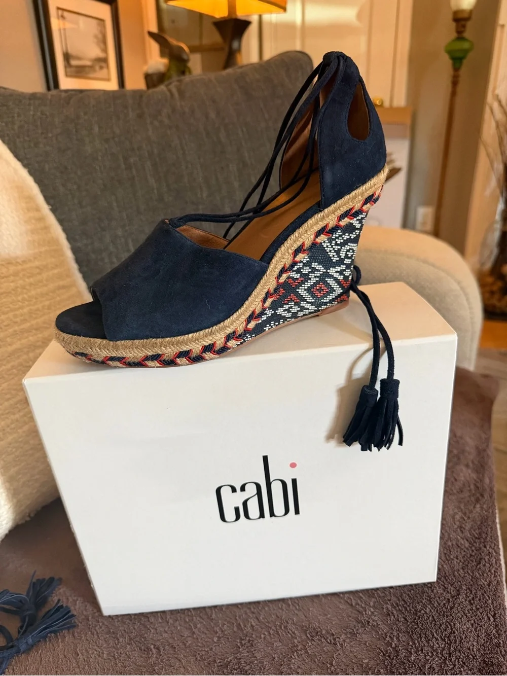 CAbi Navy Suede Lace-Up Wedge Espadrilles with Patterned Wedge